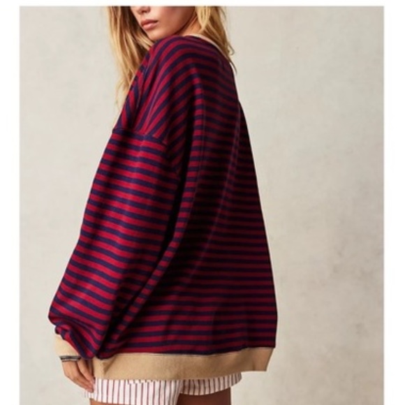 NEW Free People Classic Striped Oversized Crewneck - Picture 5 of 10
